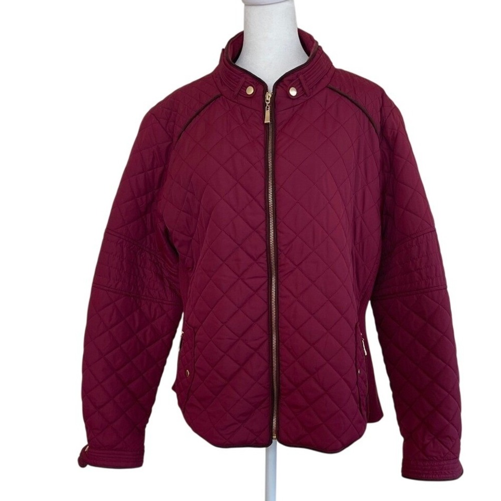 Active USA Womens Quilted Jacket Burgundy Zip Front Mock Neck Size 1XL